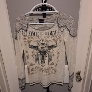 Womens Day Trip Brand Cow Skull Long Sleeve Shirt, Size Small